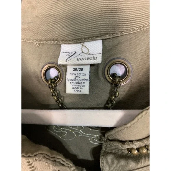 Venezia Women's Khaki Dragon Bamboo Embroidered Utility Jacket Size 26/28 - Picture 3 of 9